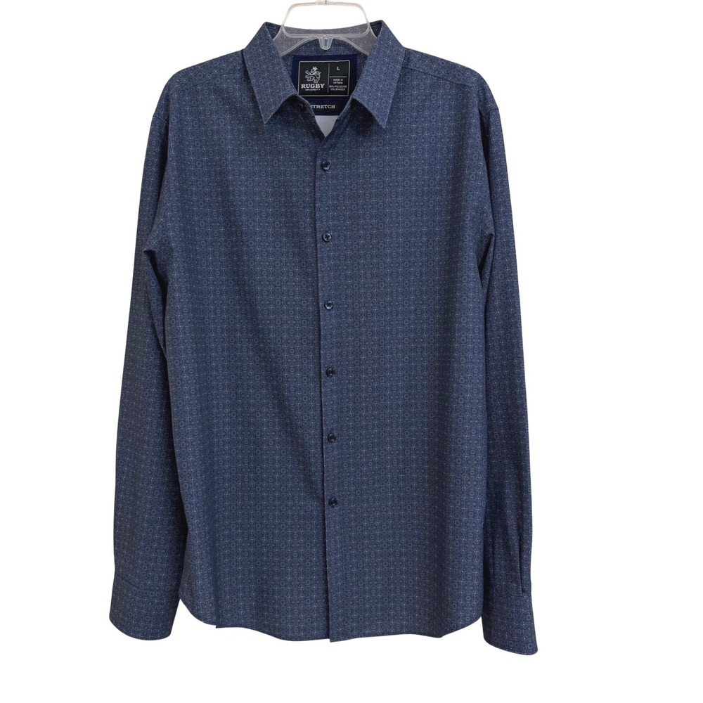 Rugby University Mens Large Navy Blue‎ Geometric Print Stretch Button Down Shirt